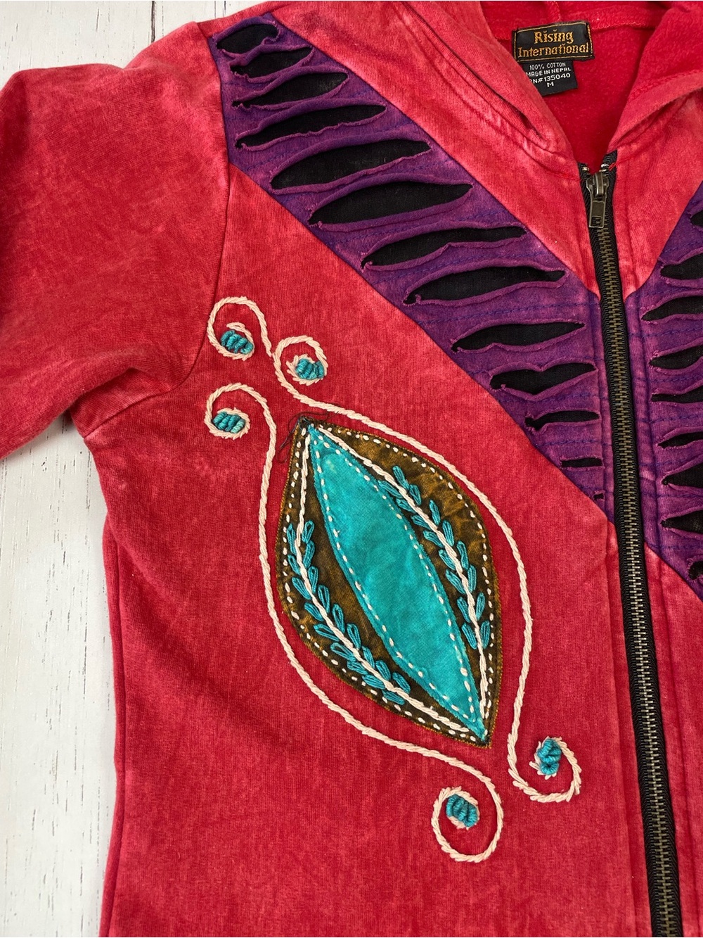 Rising International Patchwork Embroidered Long Zip Up Hoodie *Made in Nepal - Picture 10 of 16
